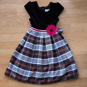 Jona Michelle Black Velvet Dress with Plaid Skirt and Pink Accent